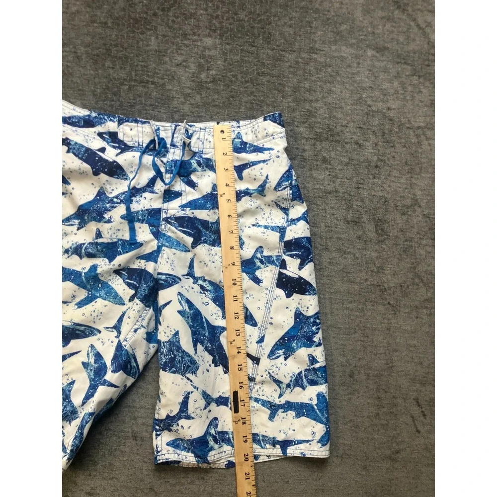 L.L. Bean Swim Trunks Boys 18 White Blue Shark Print Beach Wear Drawstring Waist